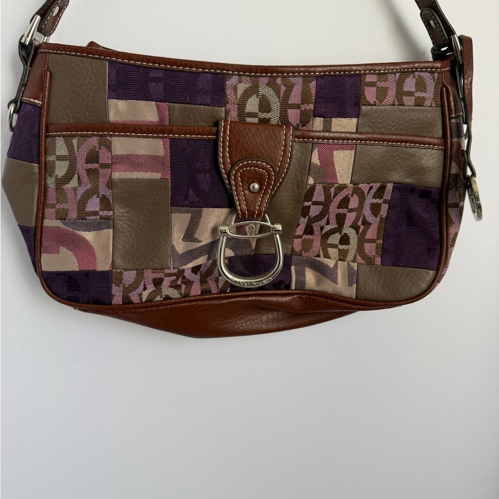 Etienne Aigner Patchwork Shoulder Bag Brown Purple Leather Canvas